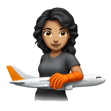 Hispanic girl with black hair & orange gloves working on airplane blade sticker