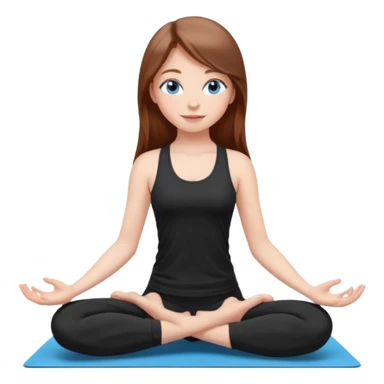 A girl with fair skin and a natural blush. Eyes are large, expressive, blue. Hair is long, straight, chestnut-colored. The smile is soft, friendly, doing yoga in a black top and leggings in a popular pose sticker