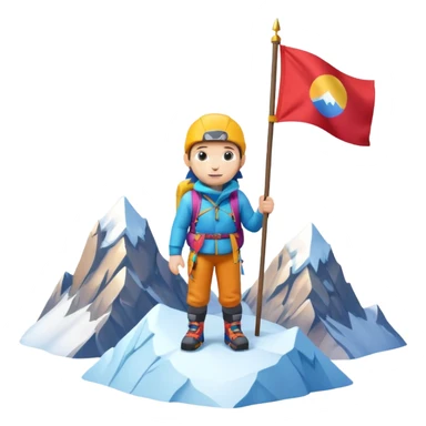 A 3D cartoon mountaineer standing on a snowy Everest-like summit with a flag, wearing colorful climbing gear, soft lighting, Memoji-style. sticker