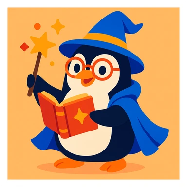playful penguin wizard with glasses, blue hat, spellbook, colorful and friendly style sticker