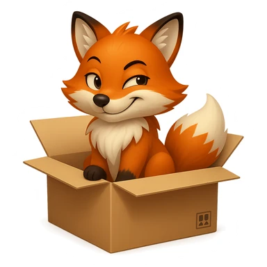 Change the fox's emotion to a more playful and cunning expression, keep it sitting in the box looking up, in emoji style. sticker