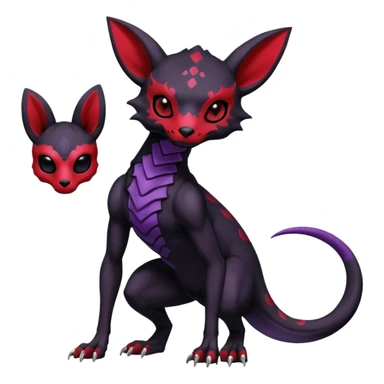 Gothic Black red purple Scaley Exotic Salandit-Umbreon-Noibat-Fakémon-hybrid-creature (full body), 4 legs, white skull face mask sticker