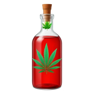 curved glass bottle in red with a green cannabis leaf printed on it sticker
