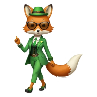 serious anthropomorphised female fox in stylish St. Patrick's Day outfit with sunglasses, walking with confidence, full-body view sticker