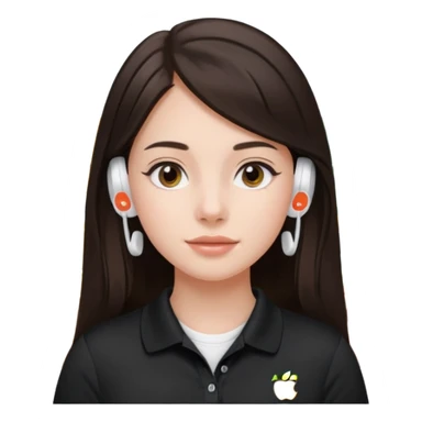 Girl with long dark brown hair with airpods wearing a black wegmans grocery store polo sticker