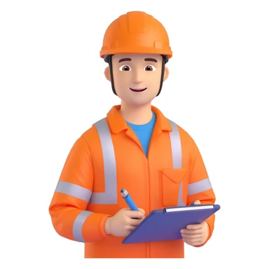 cheerful man in orange safety gear and helmet, holding a clipboard, with a welcoming expression sticker