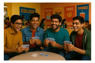 Add a vibrant Indian college canteen background while maintaining the group of boys playing tash as the main subject of the image. sticker