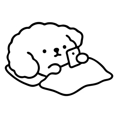Transform the image into a clean and simple WhatsApp sticker style. Remove the background, leaving only the dog lying down with the cellphone. Add a white border around the dog for a sticker effect. Keep the visual clean and simple with no colorful effects, focusing on a neat black outlined style. sticker
