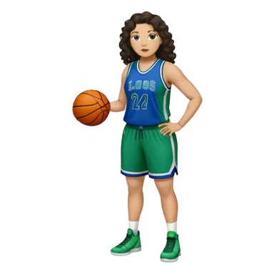 full body plus size light skin latino women basketball player with wavy dark hair large wide nose wearing blue with green uniform sticker