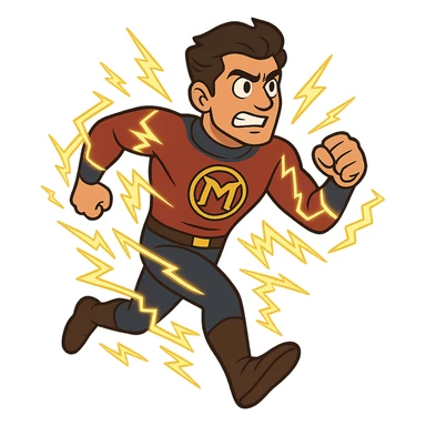 Minnal Murali running with lightning effects, cartoon style sticker
