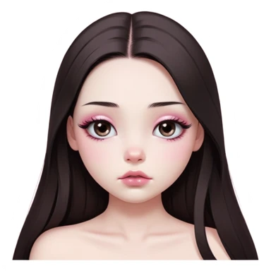 girl with white skin, dark brown long realistic straight hair with middle part prominently falling in front of her body over her shoulders, very big pouty extra shiny lips with absolutely no cupid's bow, big round shiny eyes with black eyeballs and huge eyelashes, no eyeshadow, pink blush on cheeks, lighter button nose, very long oval-shaped face, wearing a pink off-shoulder top, looking directly at camera with hands down at sides sticker