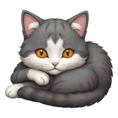 dark grey and white small cat with his eyes closed, leaning his head on his paw while leaning on his elbow lying down sticker
