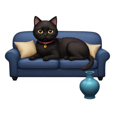 schwarze Katze auf dem Sofa mit unschuligem Blick und Hund auf dem Boden vor einer zerbrochenen Vase - Zimmer ist verwüstet, Kissen liegen unten sticker