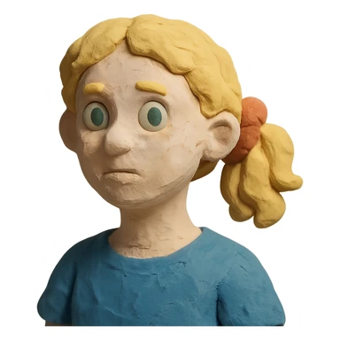 claymation style character with blonde, curly shoulder-length hair tied back with a red scrunchie, pale white skin, pale green eyes sticker