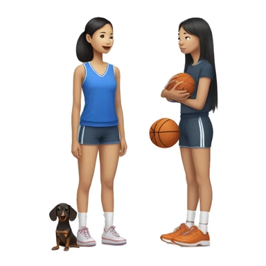 Short asian girl in basketball shorts and crocs with a dachsund sticker