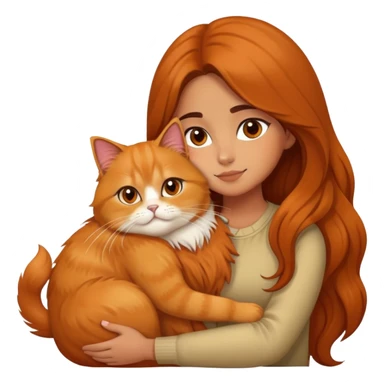 olive skin girl with long brown hair, hugging an fluffy orange persian cat sticker