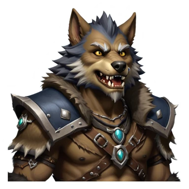 Cinematic Realistic WoW Worgen Portrait, head tilted dramatically with an exaggeratedly amused expression, blending ferocious beastliness with a touch of unexpected humor. His rugged fur, tanned skin, and worn leather garments are rendered with meticulous detail and dynamic lighting, high shine, dramatic yet whimsical, capturing the essence of a worgen whose epic might is tempered by a playful, irreverent charm. sticker