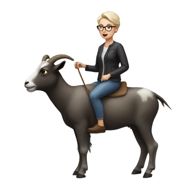 White woman with really short hair and glasses riding a goat sticker