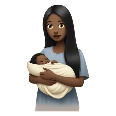 Pale girl with long black hair is holding a pale newborn baby sticker