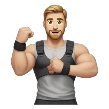 Close up Actively gesturing  with hands Pale skinned Fit Man With the biceps and brown hair in dark gray Sleeveless Mike, black oversize sports shorts, watch and white Sneakers sticker