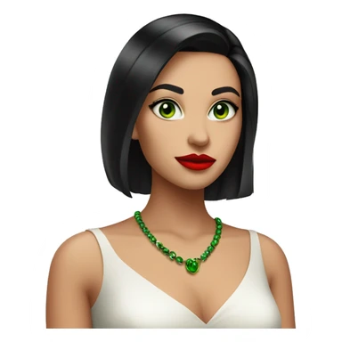 A beautiful, lively, elegant young woman with straight black hair, a beautiful forehead and striking green eyes and strong red lipstick. She is wearing a bright red dress. Her gaze is fixed and enigmatic, she does not smile sticker