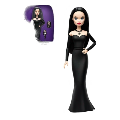  Elegant witch Wednesday Addams Barbie.  Small very light skin face. Earrings with matching necklaces. Long silky raven hair. black flowing strapless tight evening gown neckline that’s off-the-shoulders shows her legs and black high heel shoes.rc car sticker