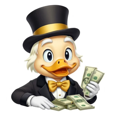Scrooge McDuck counting money, rich duck character with top hat sticker