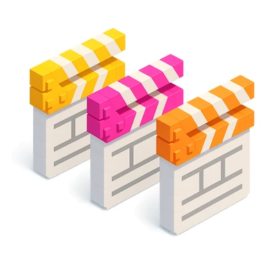 isometric view group of movie clapperboards in voxel style, white bodies with each lid a different bright color sticker
