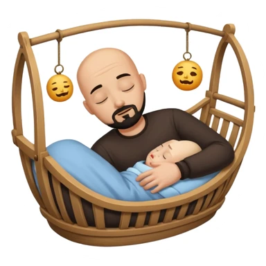 a man who is tan and bald with a black goatee sleeping in a cradle sticker