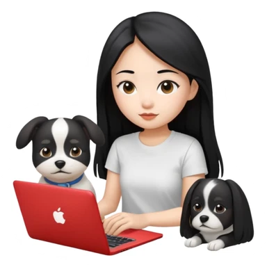 Blue back ground, Asian girl with long black hair , wearing a white t-shirt, working on an Apple laptop, next to her is a small black and white dog sticker