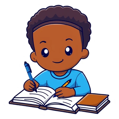 African boy student with brown skin writing with book and pen sticker