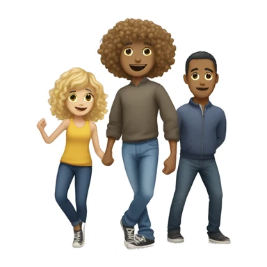 a tall blond man, a biracial girl with bangs, and a biracial man with curly hair on top dancing sticker
