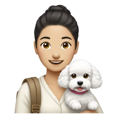 Hair-in-a-bun traveling Asian woman carrying a happy and cute bichon frise sticker