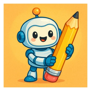 a cute robot holding a pencil, cheerful, for a writing assistant sticker
