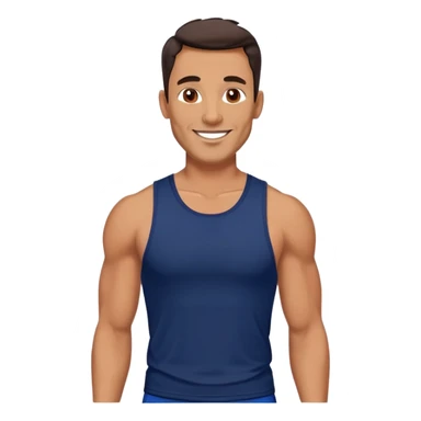Athletic 40-year-old man with tanned light brown skin. Elongated face with defined jawline. Confident smile. Medium dark eyes, arched eyebrows. Straight nose. Wavy dark hair in a modern cut. Wearing a navy blue tank top showing fit physique. sticker