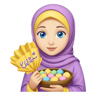 Turkish beautiful finish Konya girl blue eyes with lila yellow hijab islamic dress and had on her hand text Eid Mubarak with sweets and celebrating with her friends eid days   sticker
