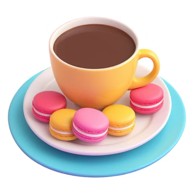 A cup of coffee on a plate with colorful macarons, in 3D iOS emoji style, soft gradients, glossy finish, no background. sticker
