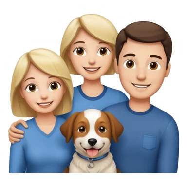 a mom and dad standing in front of a house with their son and a dog next to them (1 dog) and 1 SON not daughter sticker