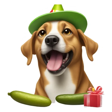 A dog wearing a birthday hat and eating a pickle sticker