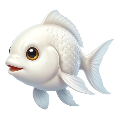 Cinematic Cute White Goldfish Portrait Emoji, Head tilted playfully and inquisitively, featuring a glossy, pure white body with delicate, shimmering scales and round, sparkling pale eyes filled with curiosity, Simplified yet irresistibly adorable features, highly detailed, glowing with a warm, friendly glow, high shine, affectionate and lively, stylized with a touch of whimsy, bright and endearing, soft glowing outline, capturing the essence of a mischievous yet loving goldfish, so playful it feels like it could swim out of the screen and into your heart! sticker