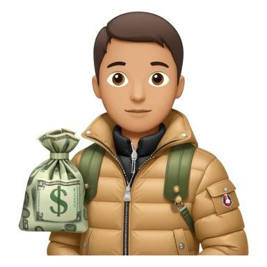 men with moncler jacket with a bag of money sticker