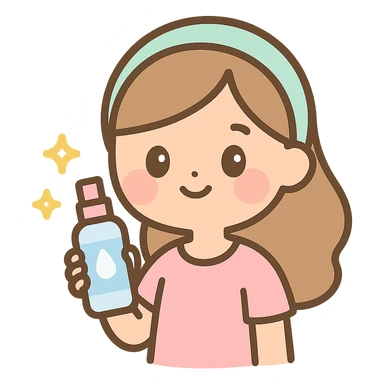 girl holding a face mist bottle, glowing skin, simple background, skincare vibe sticker