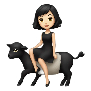 Asian girl with short black hair, black dress, riding on a black lamb sticker