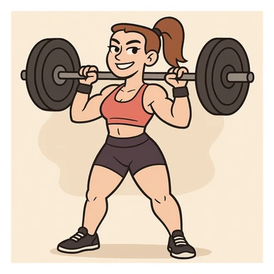 crossfit girl, lifting weights, sporty outfit, confident expression, cartoon style sticker