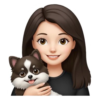 an brunette girl holding her pomeranian dog thats black and white but has white middle part in the face kinda looks like a panda sticker