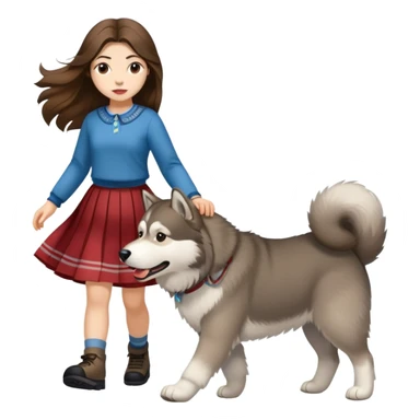 A girl with long brown hair and a skirt walking an Alaskan sticker