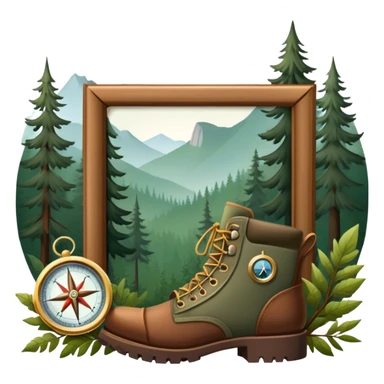 Icon for Hunting Tourism: a rifle, hunting boots, and a compass on a forest background, with a silhouette of wildlife in the distance. The icon should capture the adventure and connection with nature in hunting tourism. Transparent background. sticker