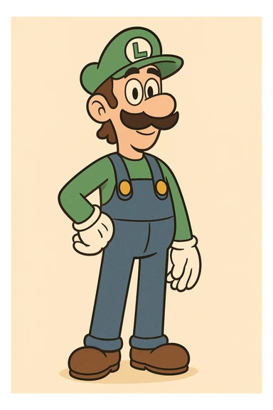 Luigi from Mario & Luigi, standing pose, green hat, blue overalls, brown shoes, mustache, friendly face, cartoon style sticker