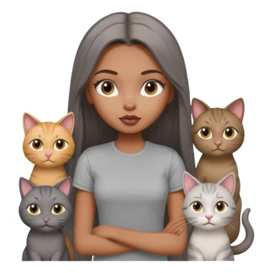 a pretty bratz dusky girl with long straight hair with four cats nd wearing a grey tshirt sticker