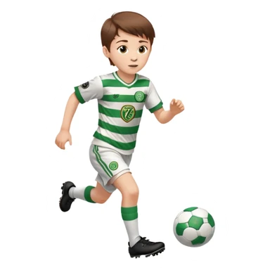 Celtic footballer jersey logo  6 years old brown hair white boy , brown eyes , stripes uniform , RUNNING  with soccer ball # 17 celtic football logo PUT ONLY ONE LOGO ONE CELTIC LOGO ONLY white shorts sticker